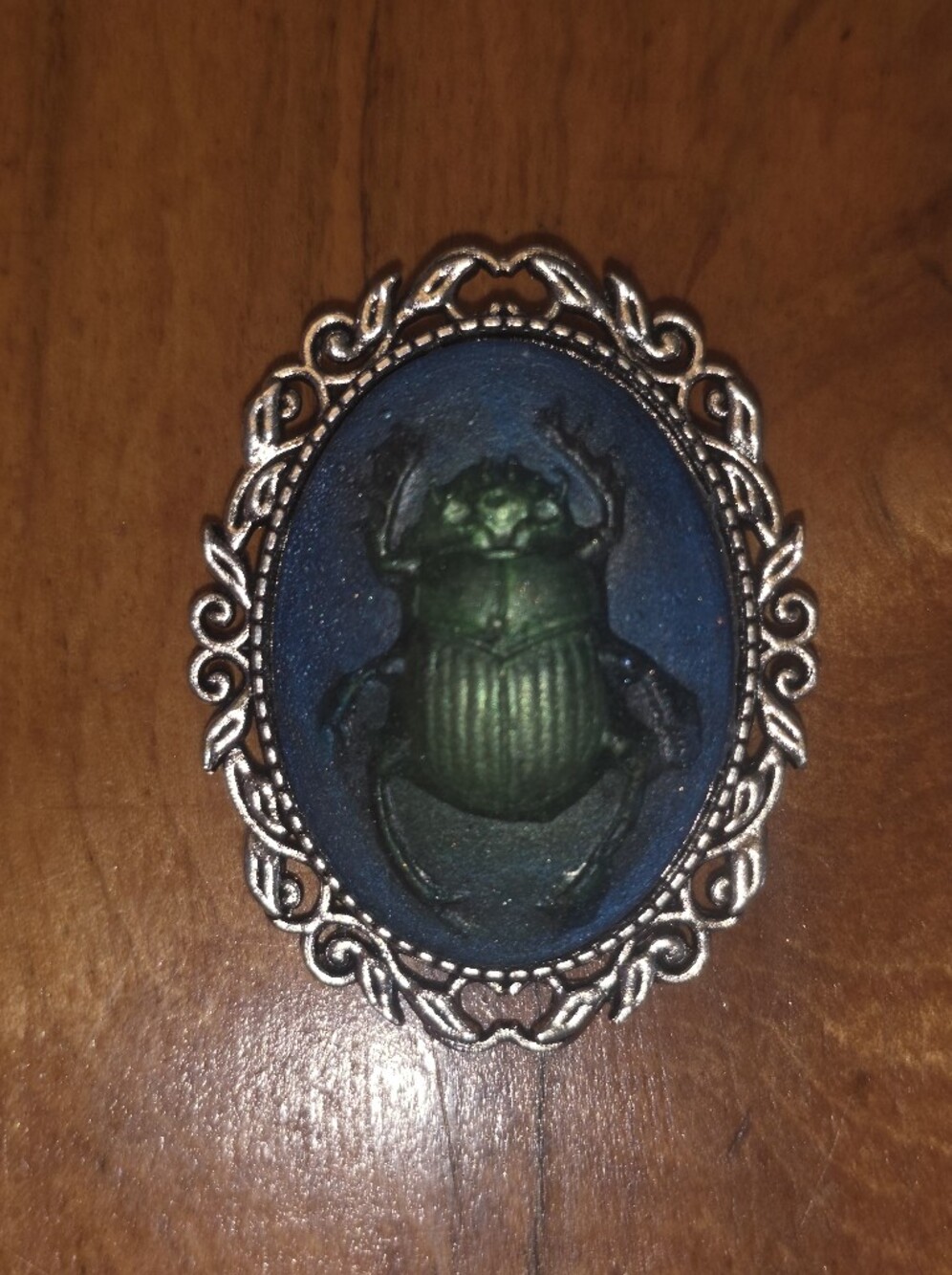 Green Resin Beetle Cameo In Silver Tone Metal Frame, Nice Gothic Brooch